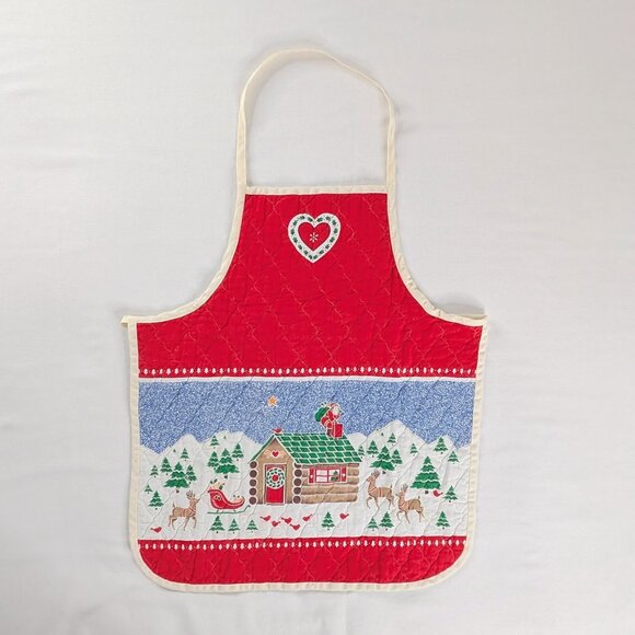 VTG Winter Red Green Quilted Log Cabin Reindeer & Santa Heart Apron Reversible - Picture 1 of 6